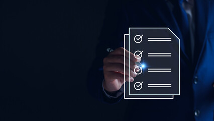 Electronic documents for business checklist concept, Businessman with electronic checking investment approval, executing plan, project approved, digital signature, digital business