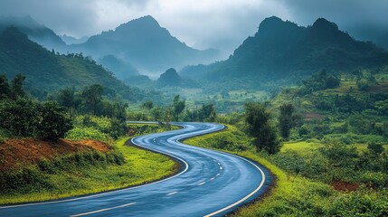 Fototapeta premium A winding mountain road snakes through a scenic landscape, offering breathtaking views at every turn and promising adventure for those who travel its path