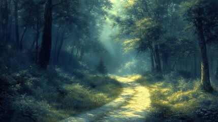 Obraz premium A winding path disappears into a dense forest, its mysterious allure beckoning exploration and promising discoveries beyond the veil of trees and shadows