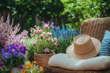Fototapeta premium Summer Garden Scene with Hat. A straw hat rests on a wicker chair surrounded by vibrant flowers, evoking the essence of summer days in a beautiful garden.