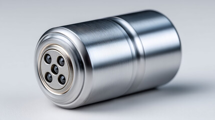 Silver, cylindrical device with a patterned circular end; metallic surface and lighting