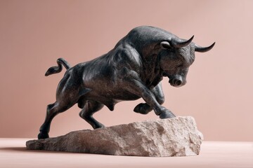 Powerful bull sculpture perched atop a rock.