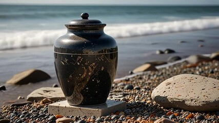 Decorative Ceramic Urn on Seaside, Rustic Calm Mood, Memorial Tribute on Beach  