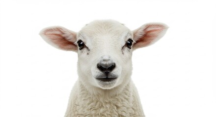 Fototapeta premium Adorable lamb stares intently against bright white background. AI Generated