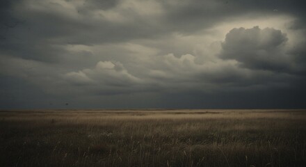 Dramatic moody sky over vast golden field. AI Generated