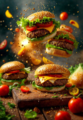 Juicy Cheeseburgers and Ingredients in Motion
