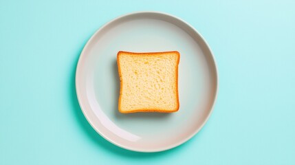 A slice of bread on a white plate against a light blue background.
