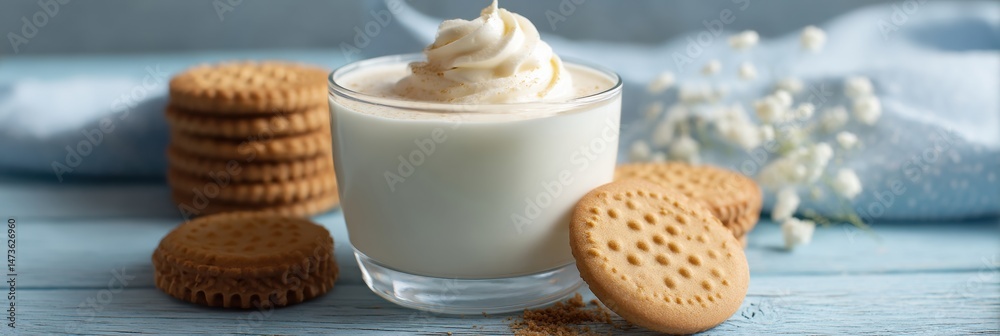 Aufkleber fresh cream in glass beside cookies on a table with a soft blue background