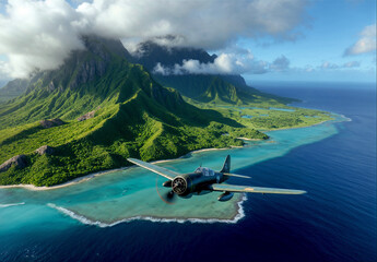 Historical Aircraft Over Exotic Island Landscape