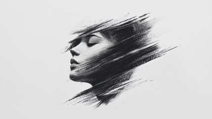 A black and white portrait of a woman's face.