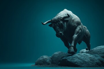 Powerful bull figure, dramatic lighting, and rocky backdrop.