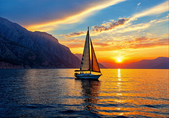 Sailing Toward Sunset by Mountain Coast
