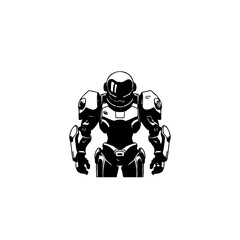 Monochrome illustration of a futuristic robot in dynamic pose against white space