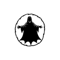 Eerie hooded figure encircled by thorny vines conveys suspense and mystery