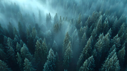 Aerial top-down view of misty pine forest shrouded in ethereal morning fog and tranquility