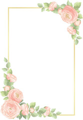 watercolor pink ranunculus buttercup flowers arrangement with golden frame template