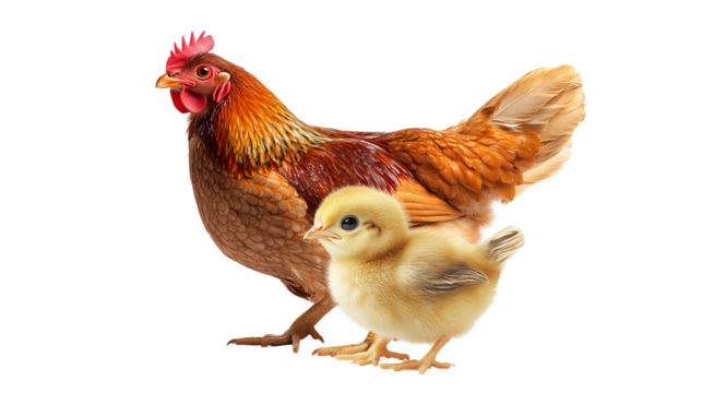 Hen and chick positioned together, symbolizing farm life, isolated, created with Generative AI