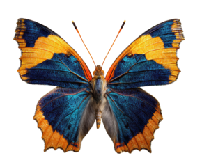 Beautiful butterfly with vibrant orange and blue wings in detail on a transparent background, cut out