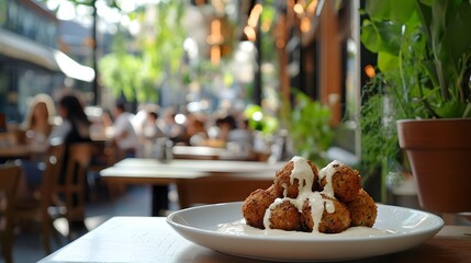 Crispy falafel balls arranged on a clean white plate in an outdoor restaurant.