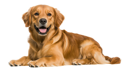 A cheerful golden retriever lying down, exuding warmth and friendliness.