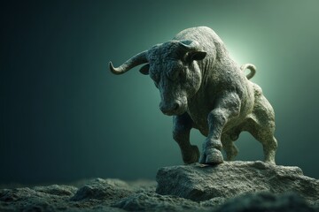 Powerful bull statue on a rocky outcrop in a dramatic scene.