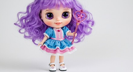 Fototapeta premium Adorable purple-haired doll playfully holds a wand against soft light background. AI Generated
