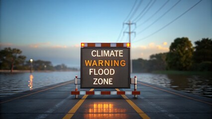 Flash Flood Climate Warning Series Flooded road with a warning sign indicating a climate emergency and flood zone.