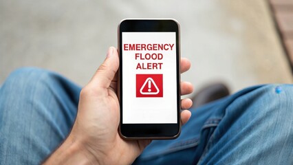 Flash Flood Climate Warning Series A person holding a smartphone displaying an emergency flood alert notification.