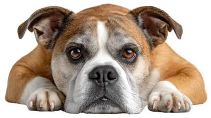A close-up of a relaxed dog laying on the ground with a thoughtful expression.