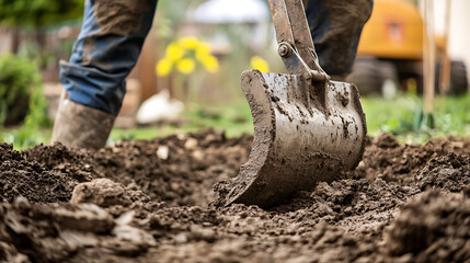 Fototapeta premium Close-up of a shovel digging into soil