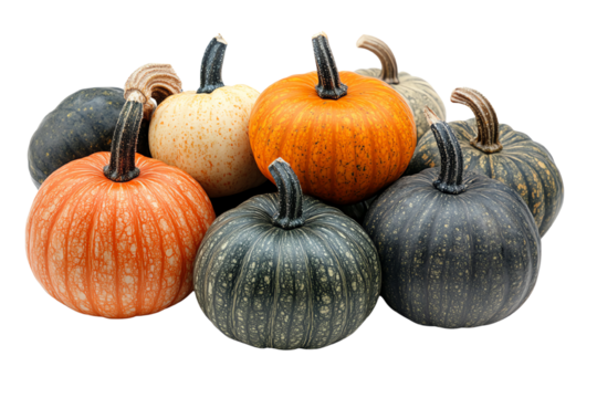 A collection of colorful pumpkins arranged together, showcasing various shapes and hues against a white background.