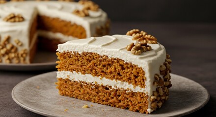 Delicious spiced cake sits elegantly on plate soft light enhances creamy frosting and walnuts. AI Generated