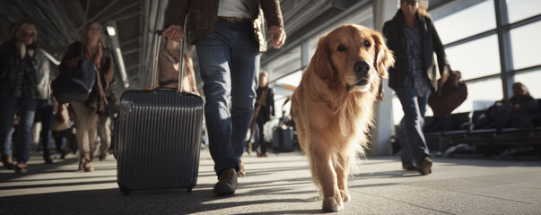 Golden retriever walks through airport terminal, surrounded by travelers with luggage. scene captures hustle and bustle of travel, highlighting bond between humans and their pets