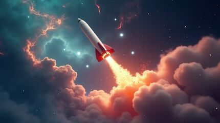 A futuristic rocket launches into space, leaving a fiery trail against a vibrant nebula backdrop.