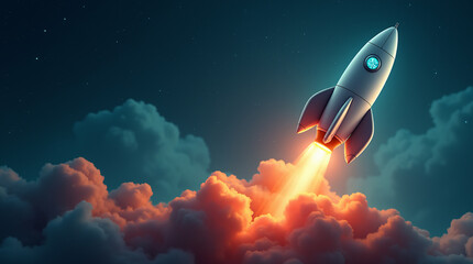 Fototapeta premium A futuristic rocket launches into space, leaving a fiery trail against a vibrant nebula backdrop.