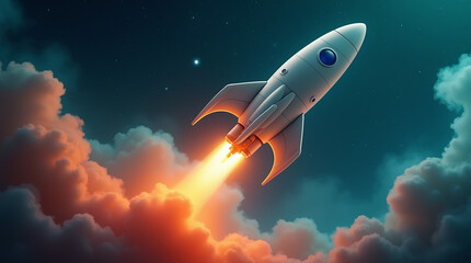 Obraz premium A futuristic rocket launches into space, leaving a fiery trail against a vibrant nebula backdrop.