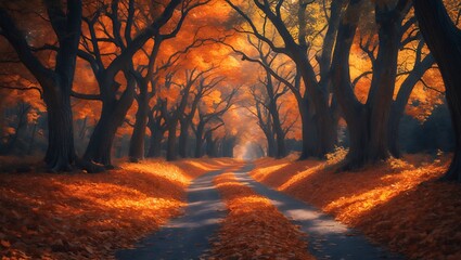 Fototapeta premium Walking on Country Road in Autumn with Vibrant Orange Foliage