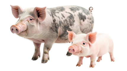 Adult and young pigs stand together in a farm setting, isolated, created with Generative AI