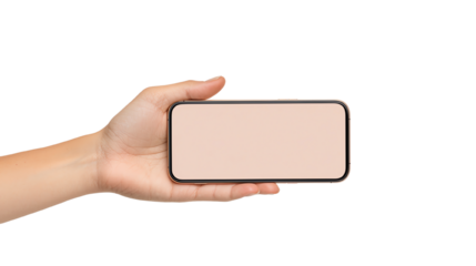 A hand holding a smartphone with a blank screen, perfect for showcasing apps or designs on a white isolate background.