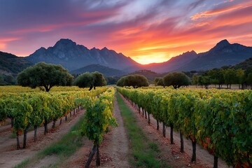 Naklejka premium Vineyard rows converge under sunset skies with mountains visible in the background