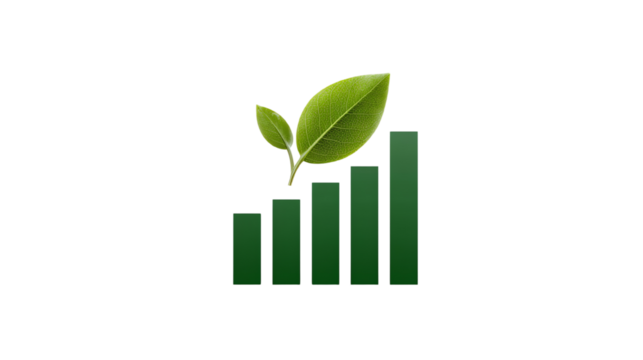 A green growth bar graph with a leaf, symbolizing environmental sustainability and growth.