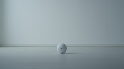 A white sphere with a red dot in the center sits on a gray floor against a white wall.