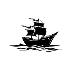 Monochrome vintage sailing ship illustration with billowing sails on water waves