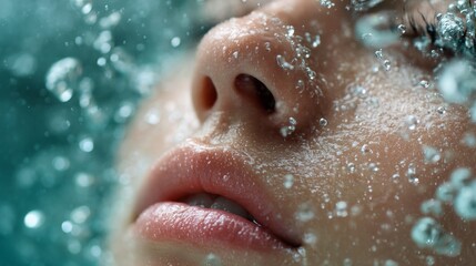 A woman's face is covered in water droplets, creating a blurry and dreamy effect