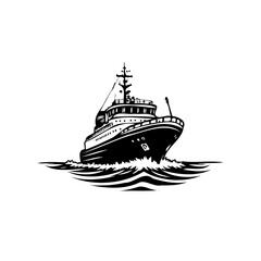 Elegant monochrome maritime illustration of a vessel navigating turbulent seas
