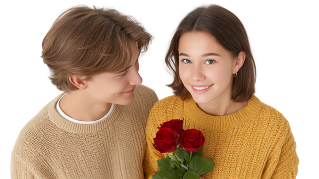 A happy couple smiling together, holding red roses in a cozy setting, perfect for romantic themes. - Powered by Adobe
