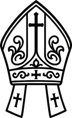 Black and White Vector Pope Hat Illustration with Cross and Ecclesiastical Ornate Details – Stylized Mitre Design for Religious and Clerical Themes