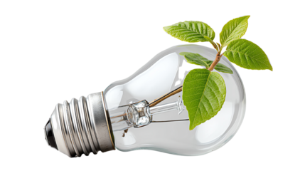 A light bulb with green leaves symbolizing innovation and sustainability on a white isolated background.
