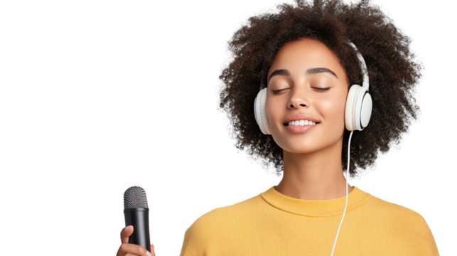 A joyful woman wearing headphones enjoys music while holding a microphone, radiating happiness and passion for singing.
