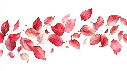 Autumn leaves in motion, a watercolor illustration of falling leaves in various shades of red and pink